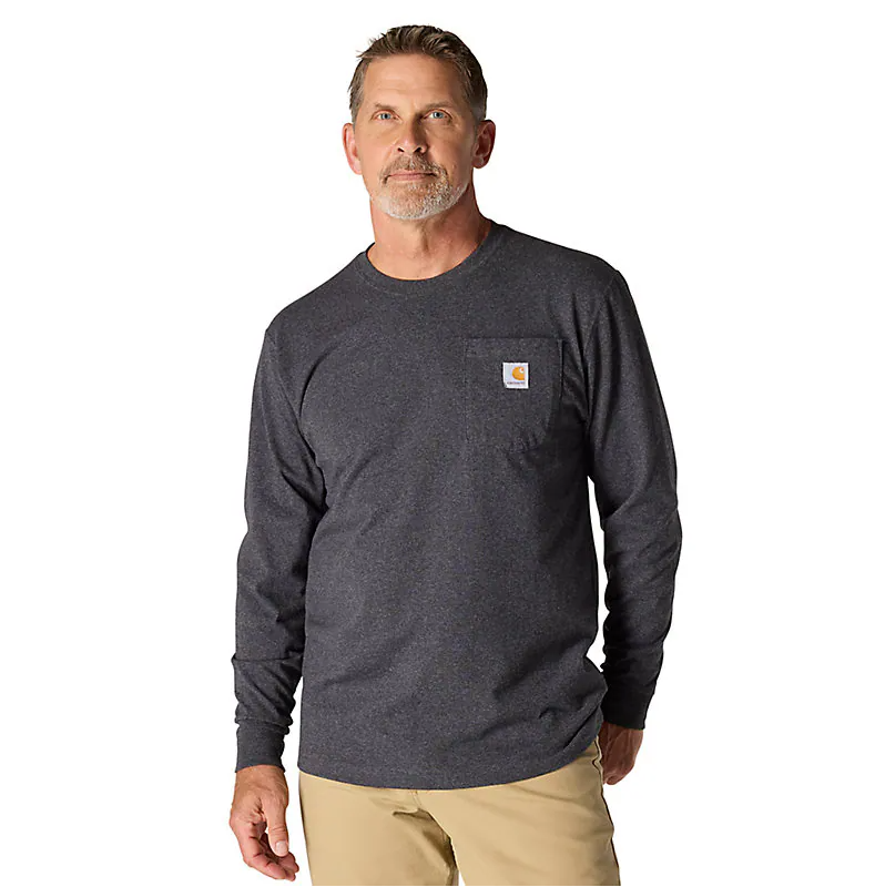 Person wearing K126 Long-sleeve Pocket T-shirt Black L/S Tee, Man wearing charcoal long-sleeve shirt standing against plain