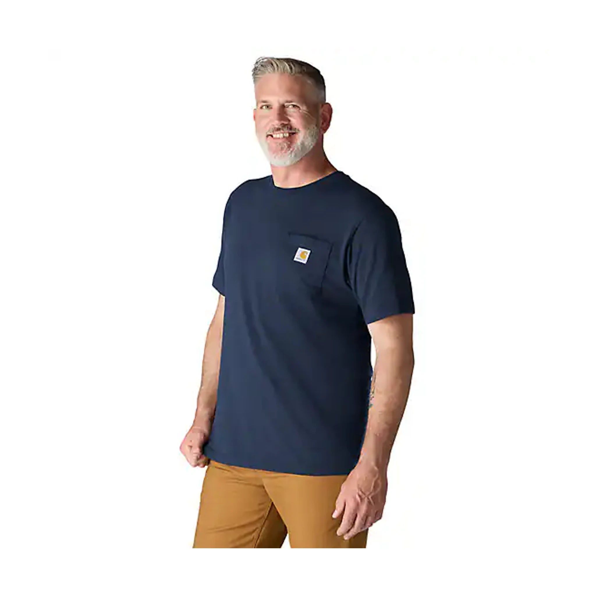Person wearing K87 (reg) Black Tee, Man wearing navy tee standing against white studio background - Slowride Supply