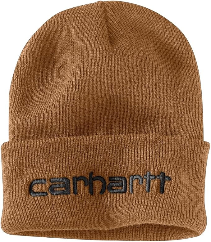 Knit Insulated Logo front view, Tan ribbed knit beanie with embroidered logo at front cuff, Black Beanie - Slowride Supply
