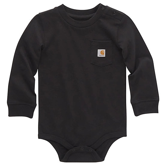 L/s Pocket Bodysuit (tk5002) Kids front view, Black with small woven label patch on chest pocket, Heather Grey Kids Tee -