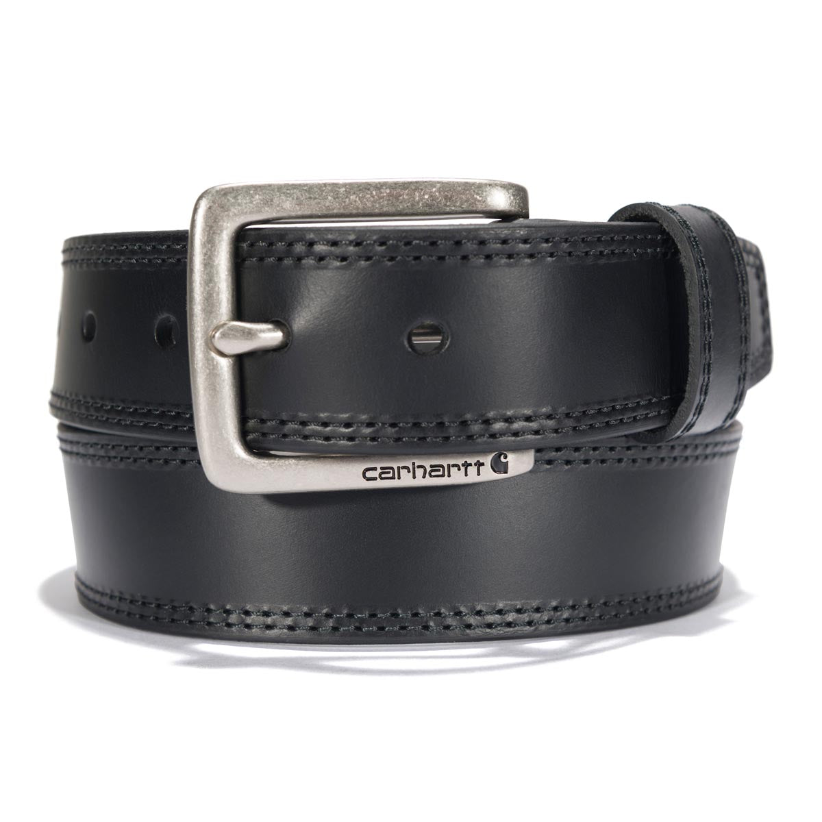 Leather Engraved Buckle Belt Accessory front view, Black leather belt with silver-tone buckle and engraved logo detail,