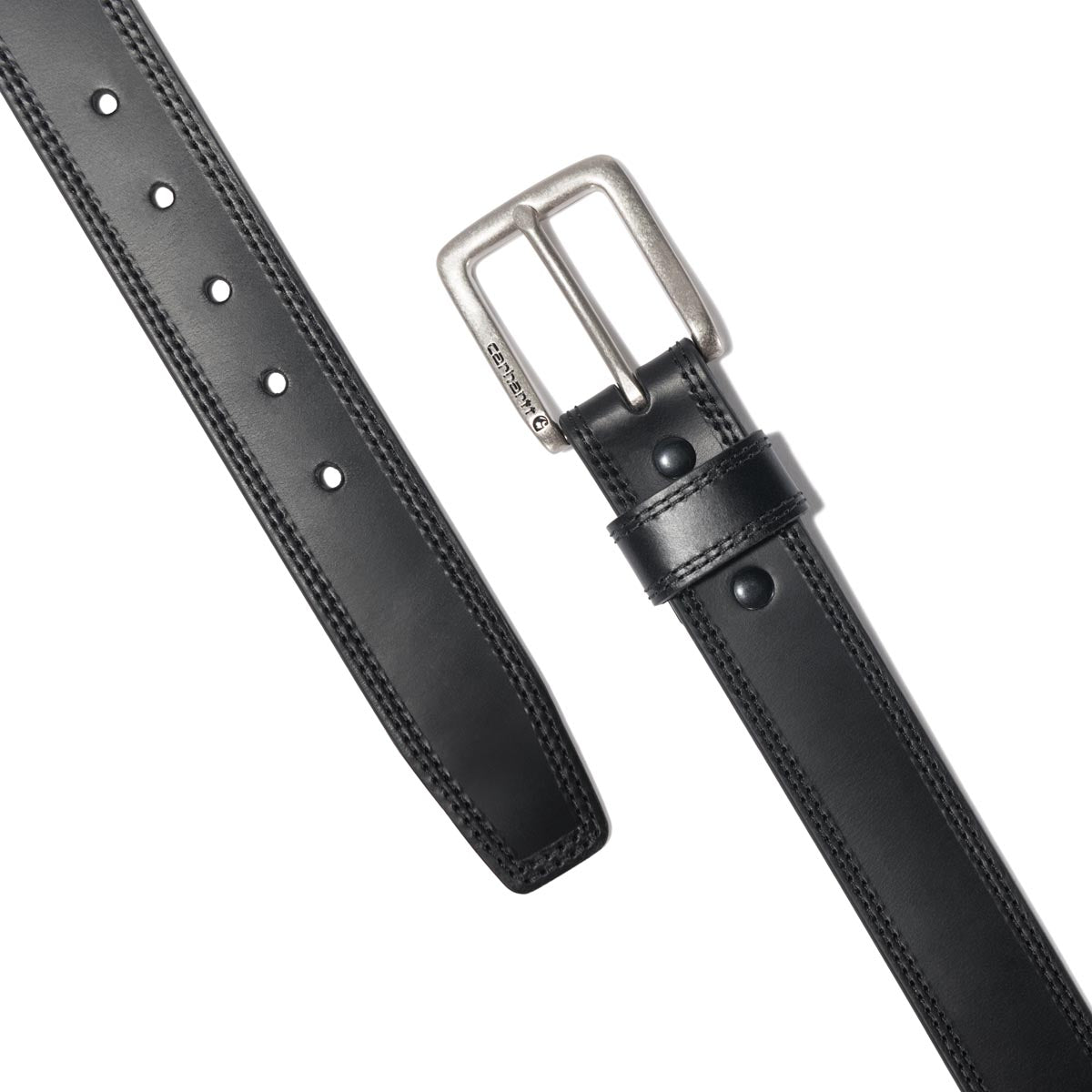 Close-up of Leather Engraved Buckle Belt Accessory Brown Accessory showing Black leather belt with silver-tone rectangular