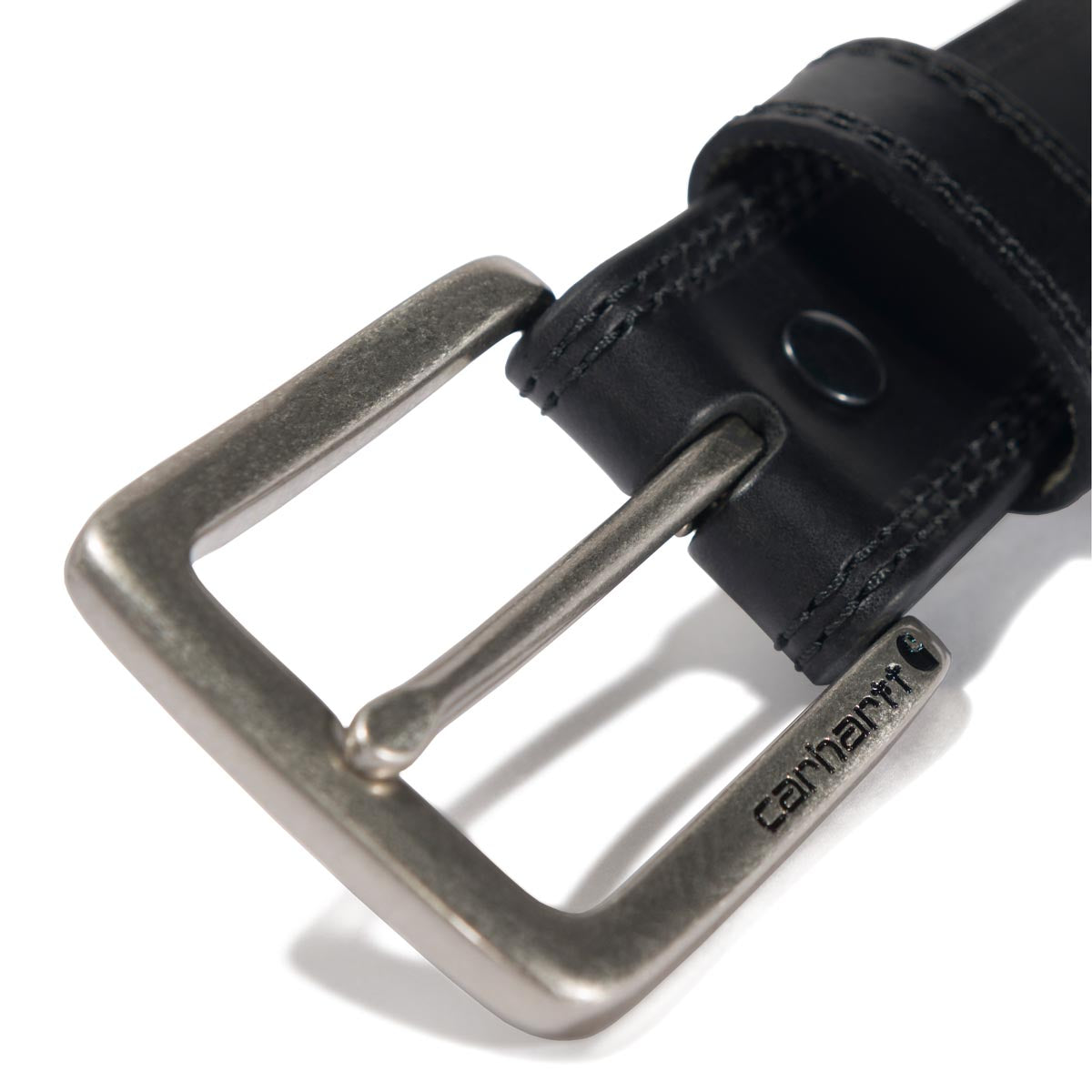 Close-up of Leather Engraved Buckle Belt Accessory Brown Accessory showing Antique silver buckle with engraved text, black