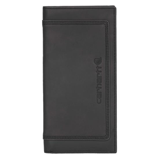 Back of Leather Triple Stitched Rodeo Wallet Accessory Black Accessory, Black leather with embossed vertical text and