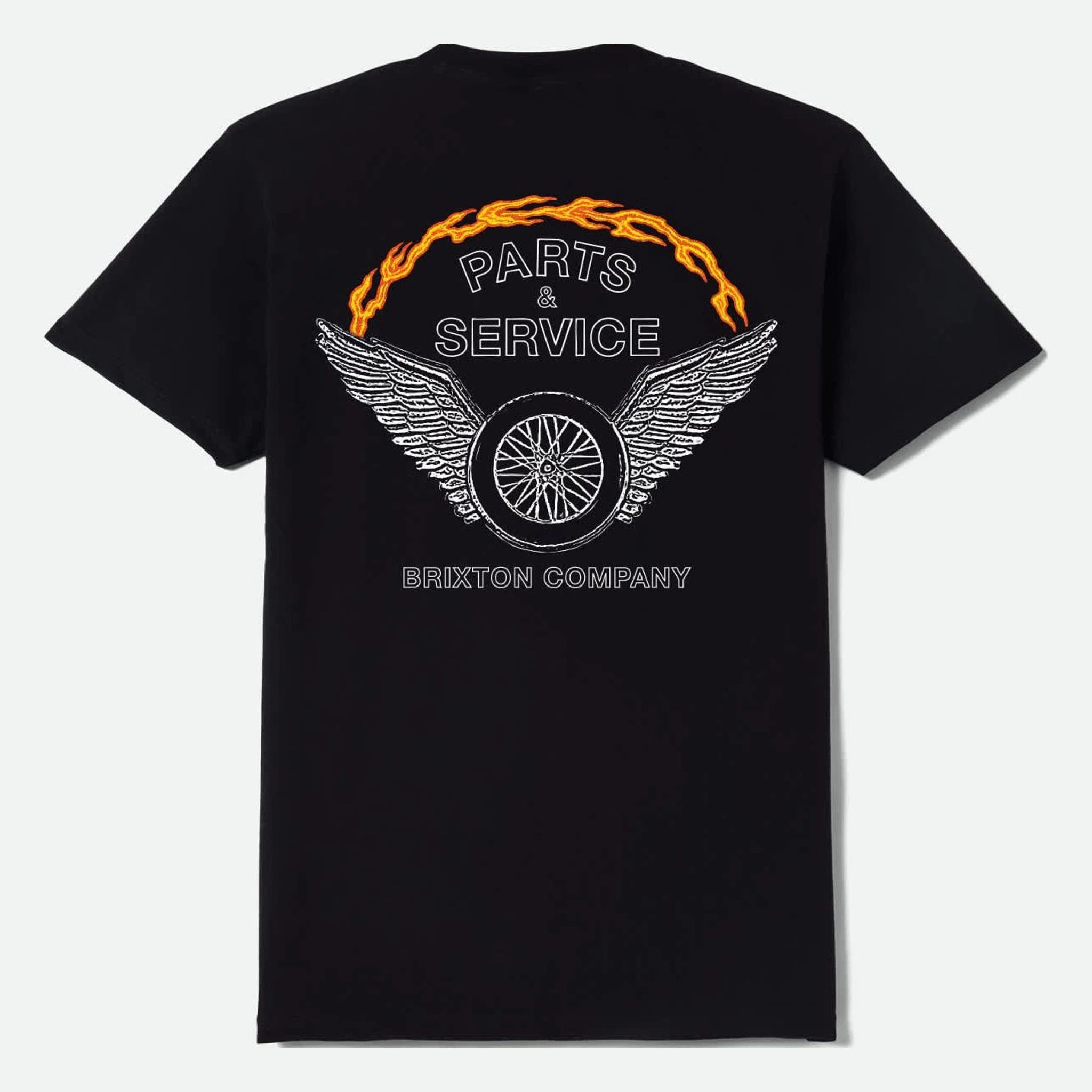 Leeway front view, Black with white winged wheel graphic, orange flame arch and "Parts & Service" text with company name