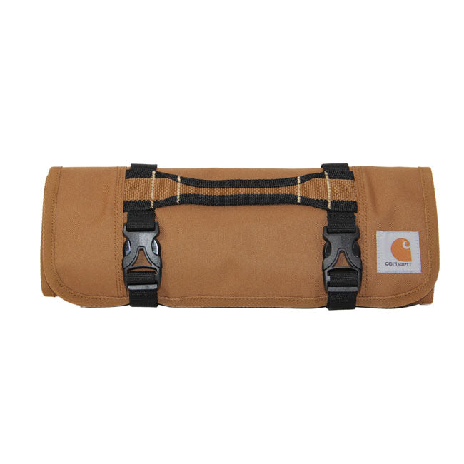 Back of Legacy Tool Roll Accessory Black Accessory, Tan canvas back with black nylon straps and metal buckle closures -