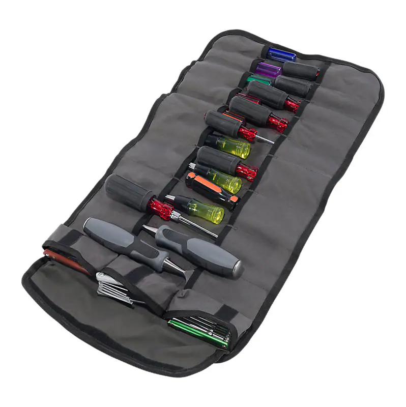 Close-up of Legacy Tool Roll Accessory Black Accessory showing Gray interior with black exterior, multiple tool slots