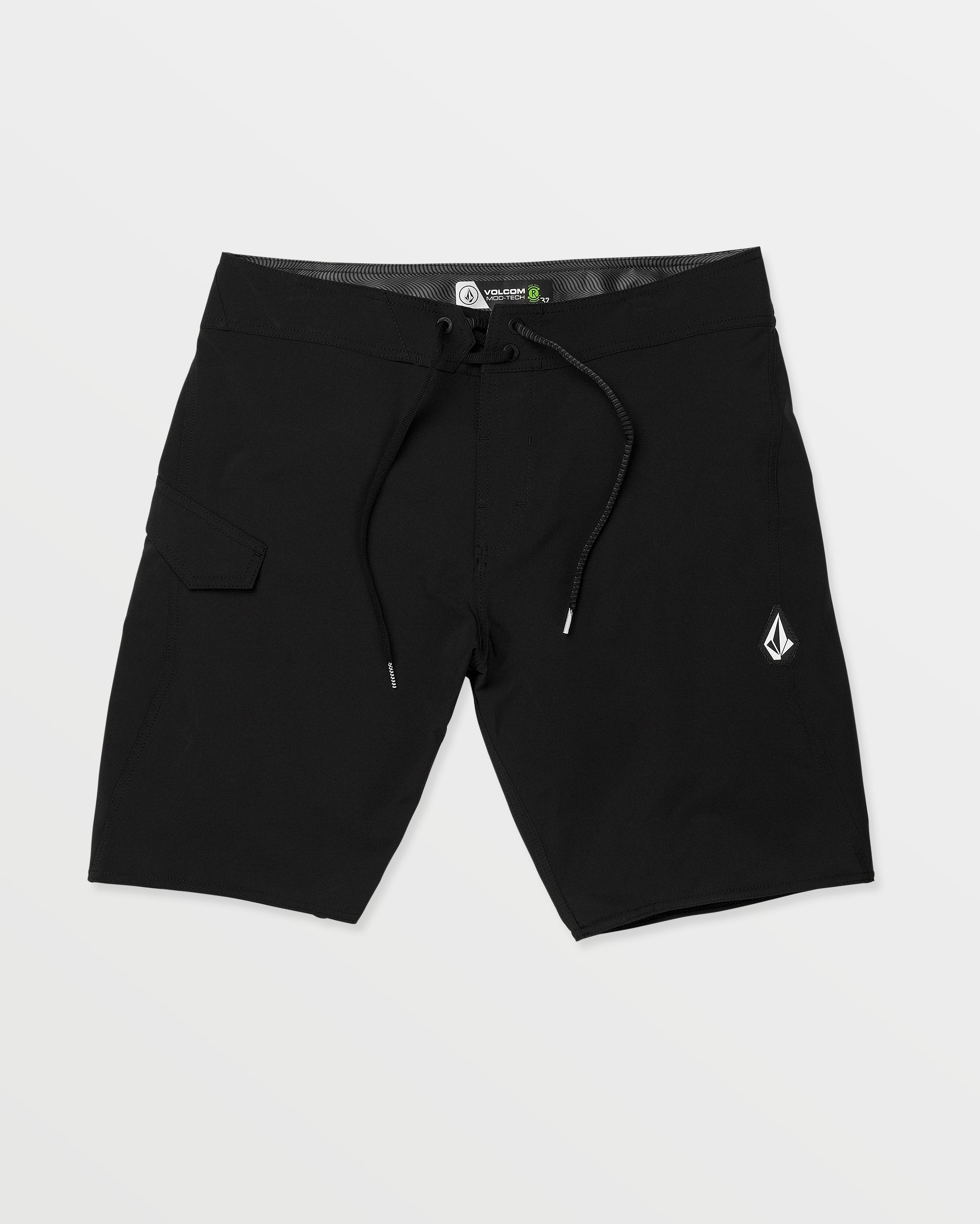 Lido Solid 20 Mod Boardshort Boardshorts front view, Black with white geometric logo at right hip, drawstring waist and
