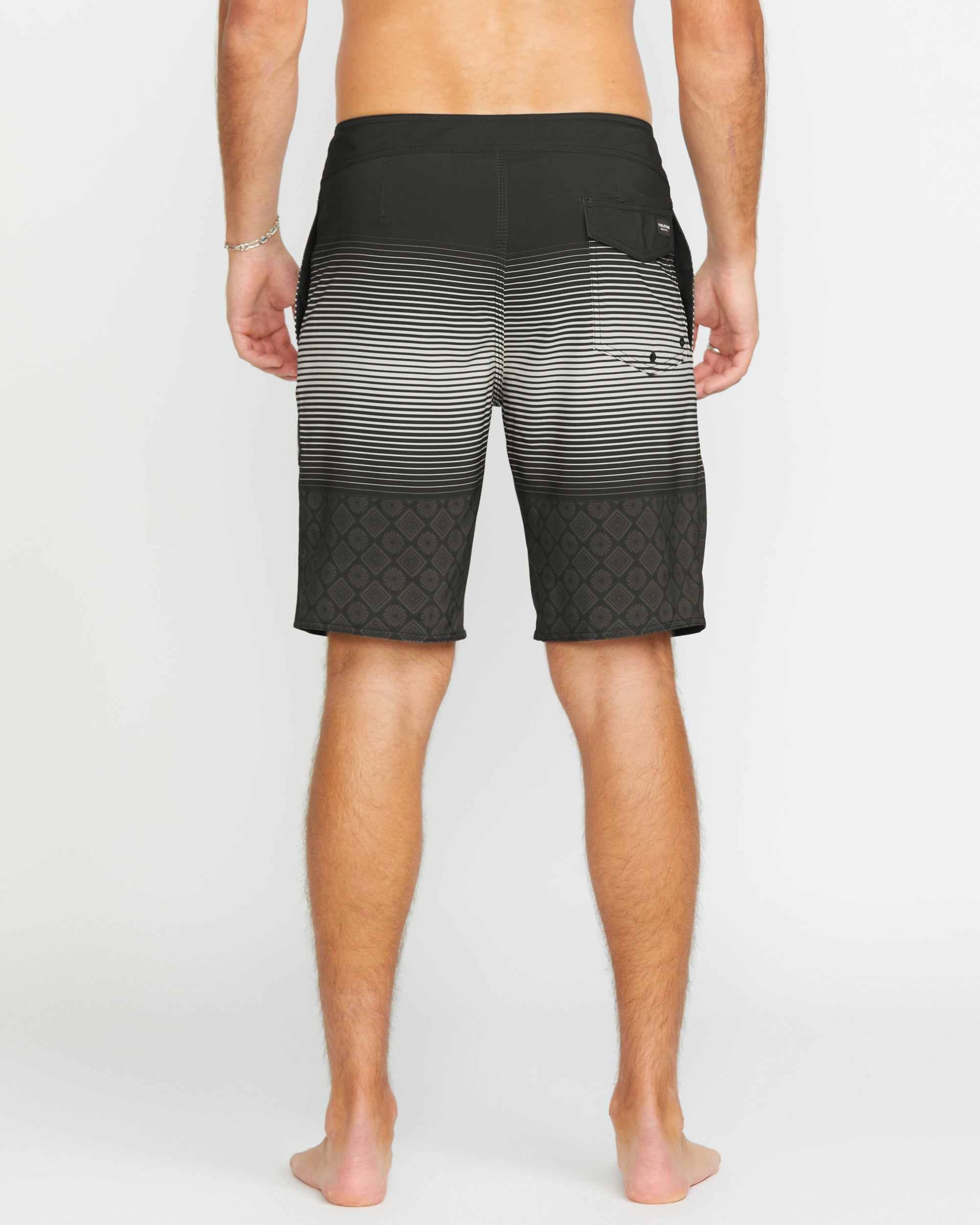 Person wearing Lido Stripe Mod 20" Boardshorts Black Boardshorts, Man wearing black boardshorts with horizontal stripes