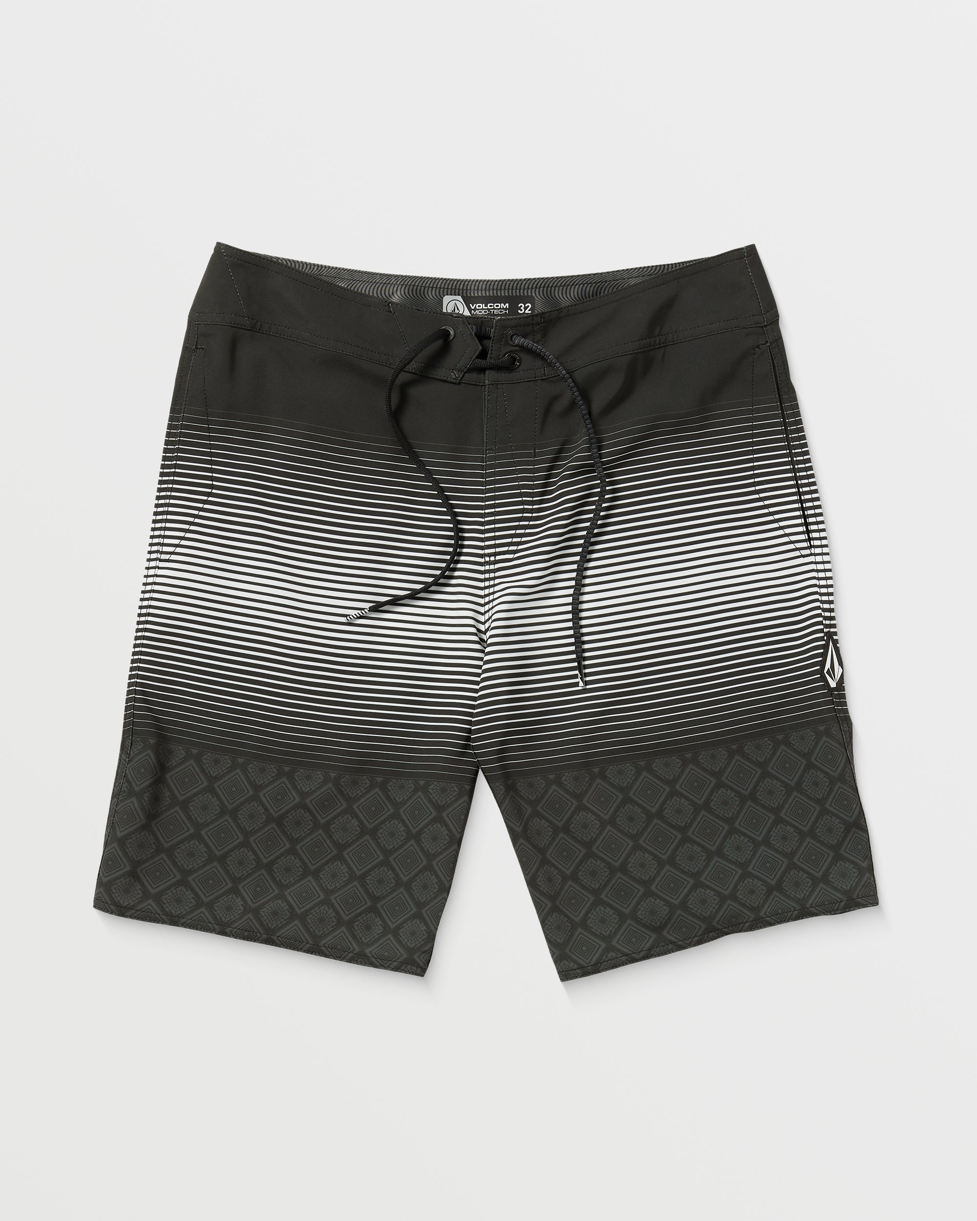 Lido Stripe Mod 20" Boardshorts front view, Black with white horizontal stripes fading to diamond texture at hem, Black