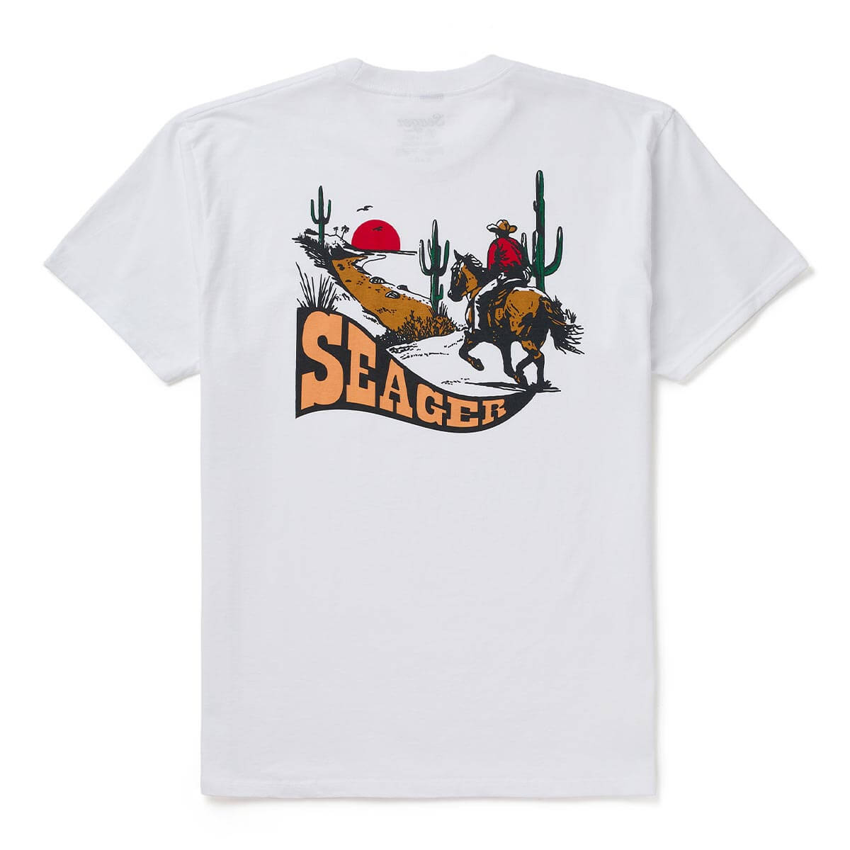 Long Ride front view, White with desert racing graphic in orange, red, tan, and black featuring two riders on bucking