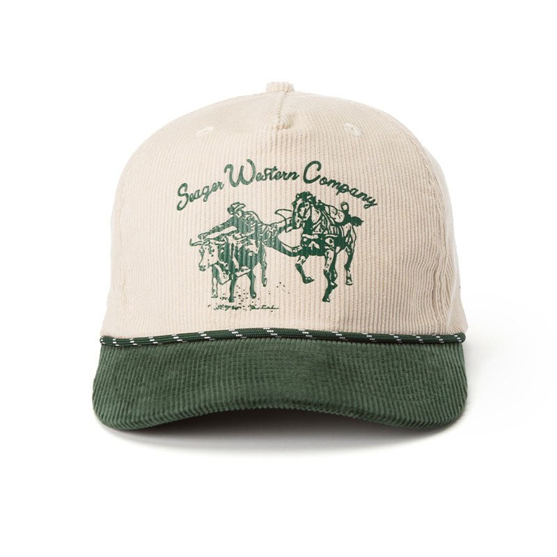 Los Rios Cordouroy Snapback front view, Cream corduroy crown with green text and bucking horse graphic, green corduroy visor