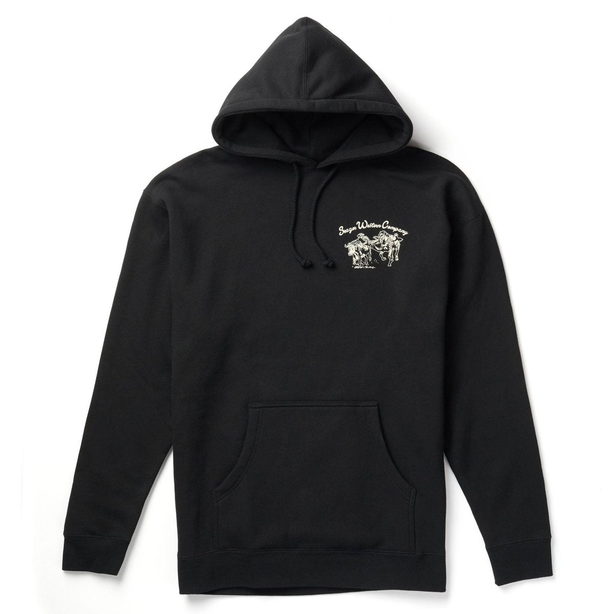Close-up of Los Rios Black Hoodie showing Black hoodie with cream script text and horse graphic on chest, drawstring hood,