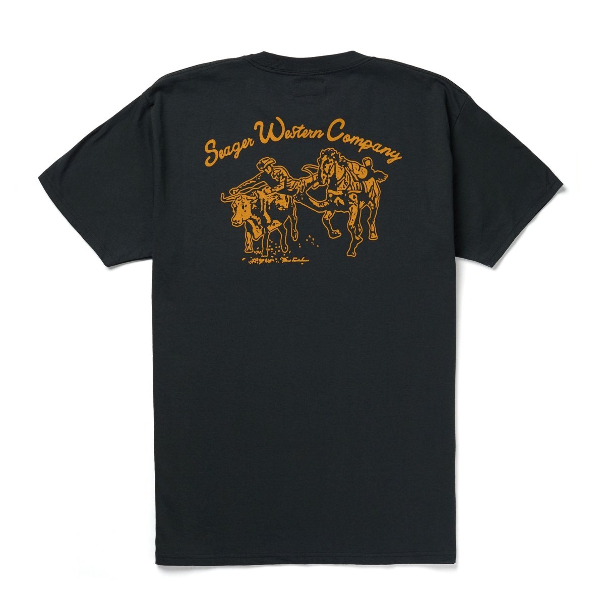 Back of Los Rios Vintage Black Tee, Black with gold Sager Western Company graphic featuring two horses and riders in