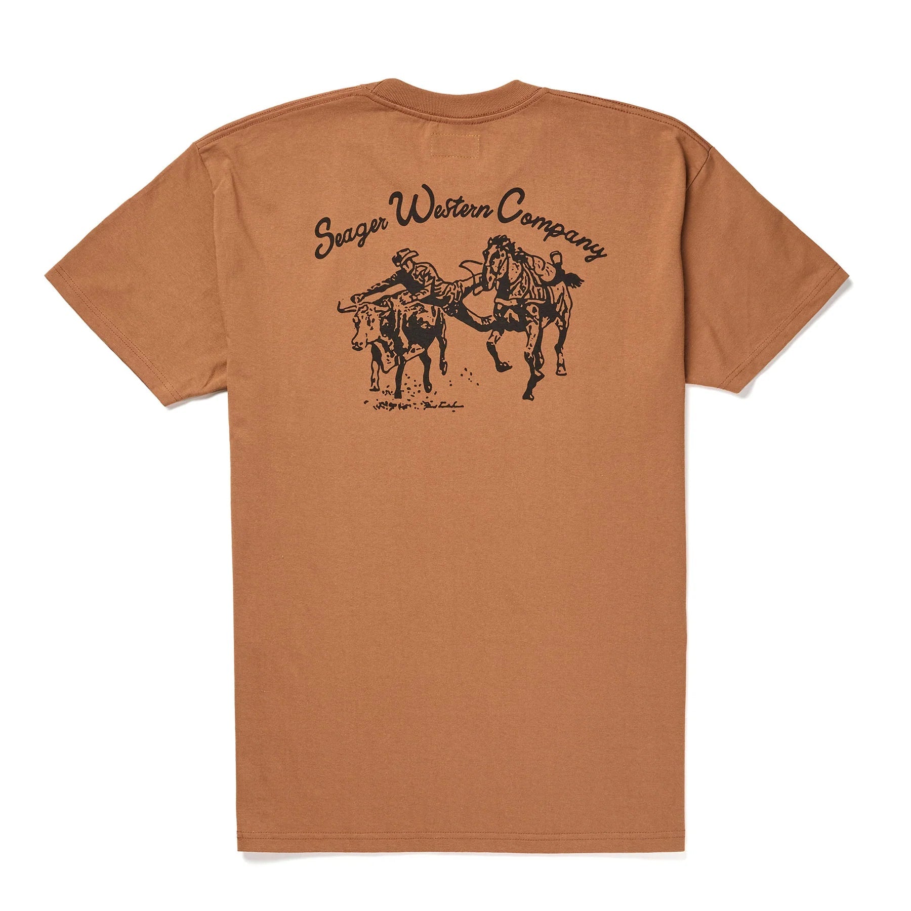 Close-up of Los Rios Vintage Black Tee showing Tan with black script text and cowboy on bucking horse graphic centered on