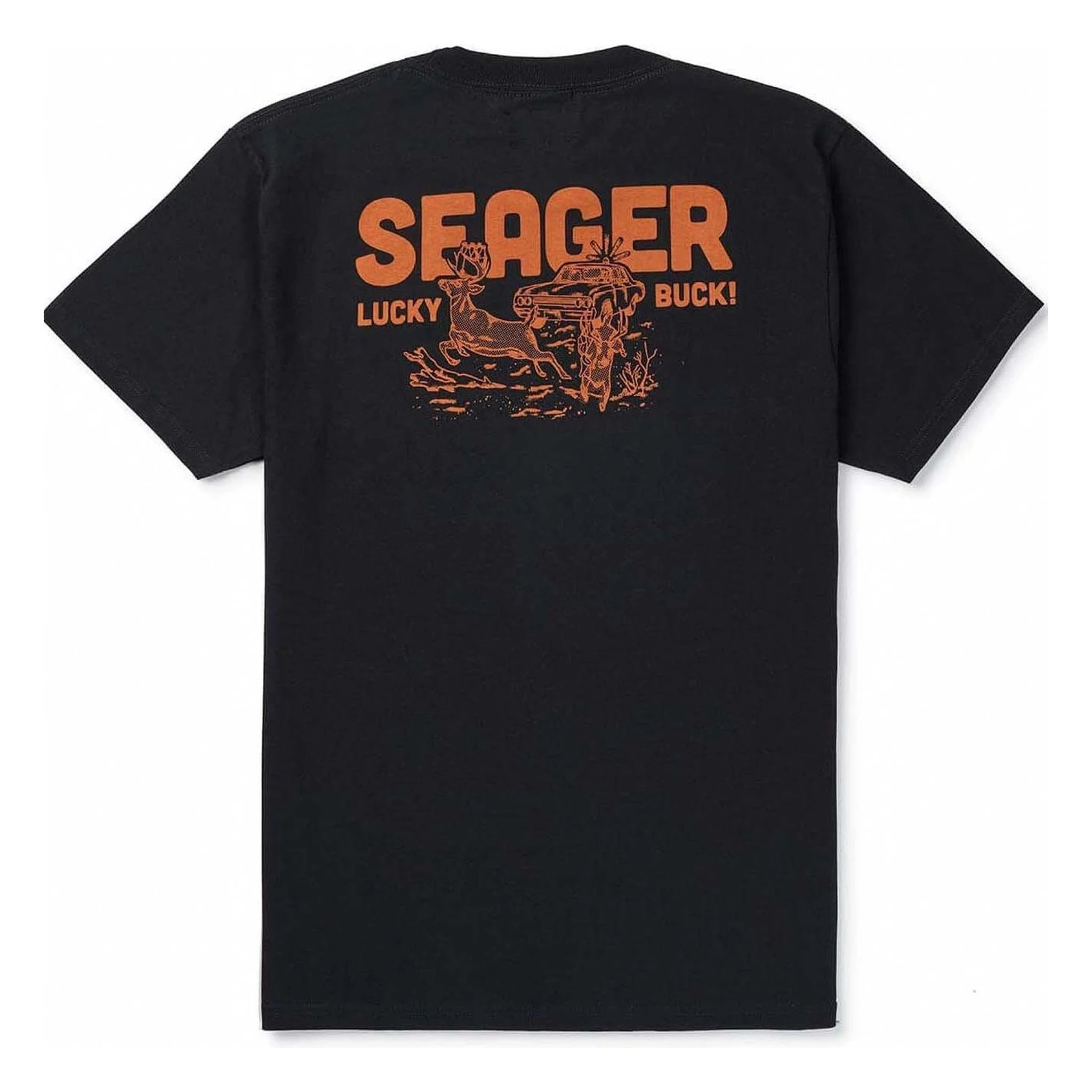 Lucky Buck front view, Black with orange "Seager Lucky Buck" text and deer-with-car graphic below, Black Tee - Slowride