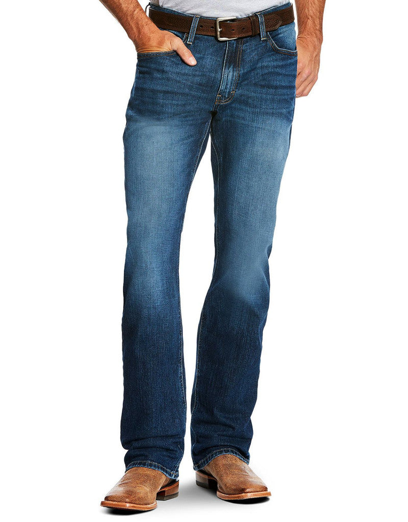 M4 Legacy Bootcut Pants front view, Medium wash bootcut jeans with brown leather belt and contrast stitching, Freeman Pants