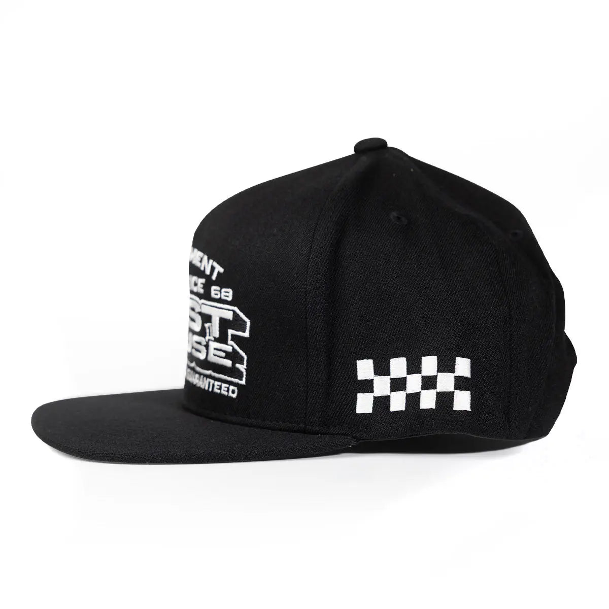 Back of Maintenance Hat Apparel Black Apparel, White checkered flag pattern embroidered on side panel of black cap -