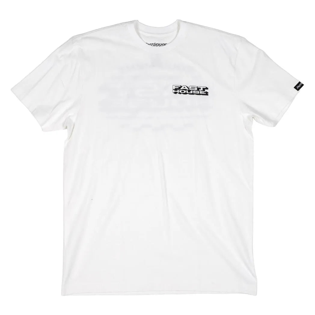 Close-up of Maintenance Black Tee showing White tee with black and white "Fast House" graphic on chest, small black label