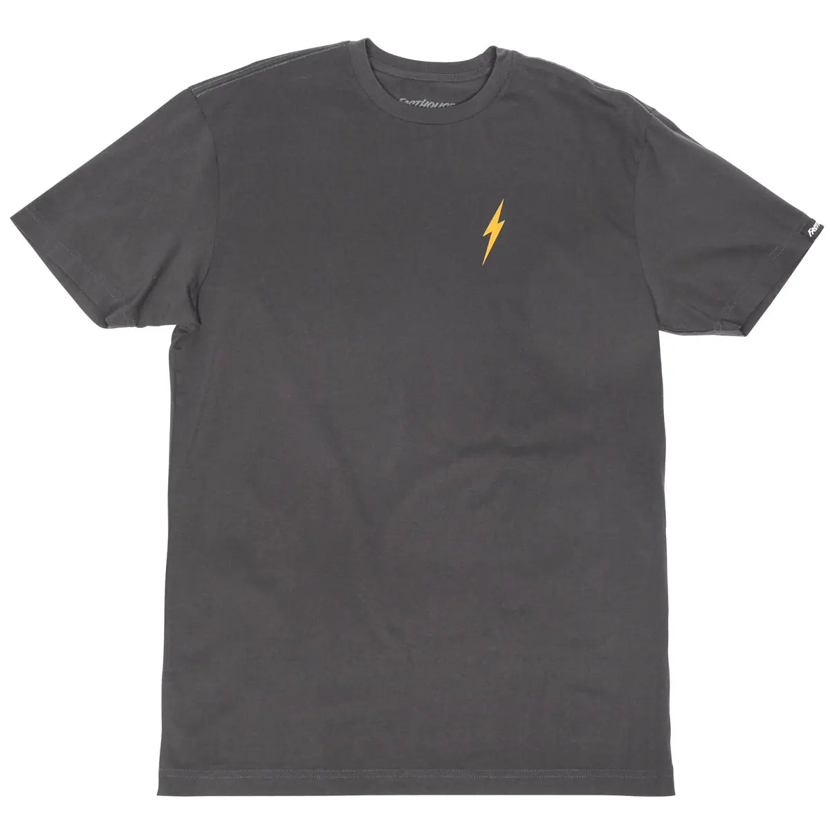 Close-up of Manasa Graphite Black Tee showing Crew neck tee with small gold lightning bolt embroidered on chest - Slowride