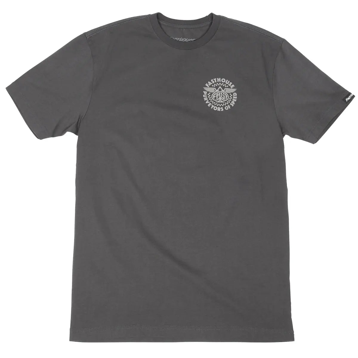 Close-up of Maverick Graphite Black Tee showing Charcoal tee with small white circular chest graphic featuring peace symbol