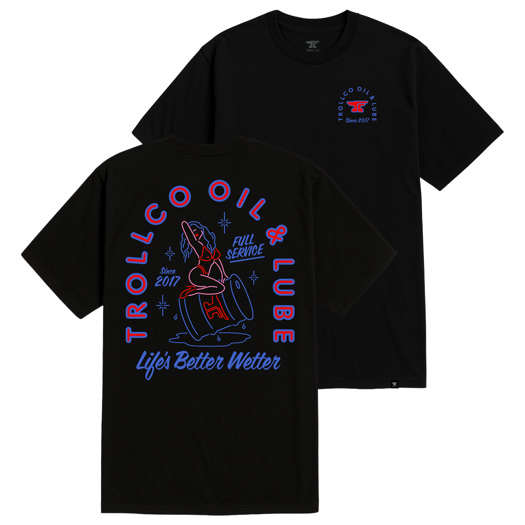 Back of Mens Drummer Girl Black Tee, Black with neon red and blue neon oil drum graphic, "Lifes Better Wetter" text and