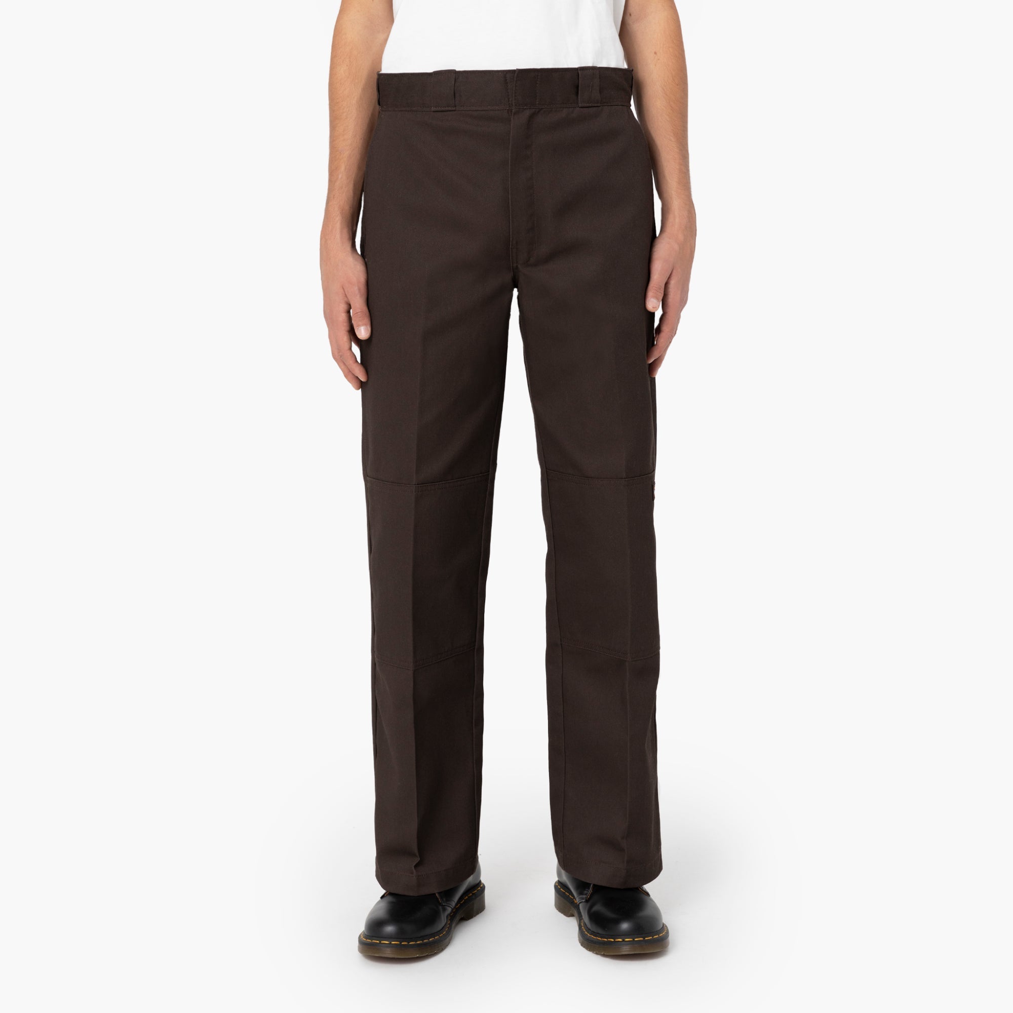 Mens Twill Double Knee Work Pant (85283) Pants front view, Dark brown twill with double knee reinforcement and center
