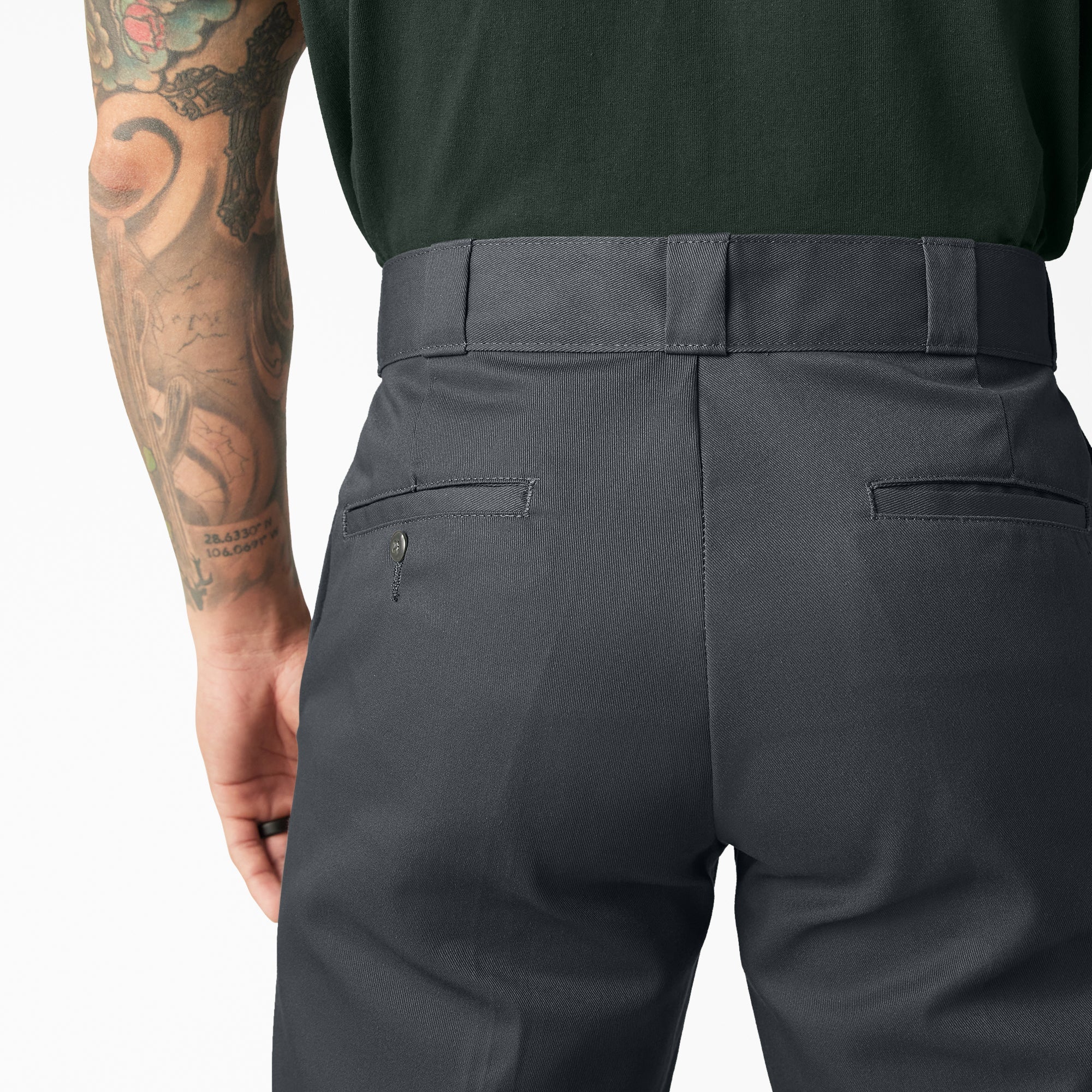 Person wearing Mens Twill Double Knee Work Pant (85283) Pants Dark Brown Pants, Charcoal twill pants worn with dark green
