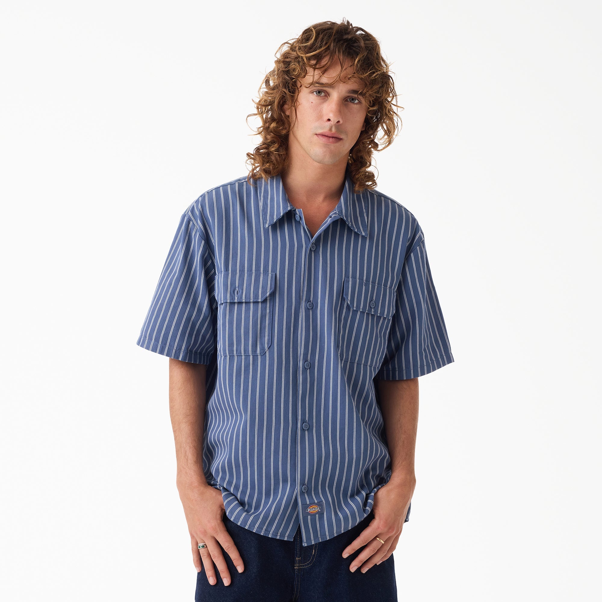Mens Worn in Lightweight Work Shirt S/S Woven front view, Blue with white vertical pinstripe, front button placket and dual