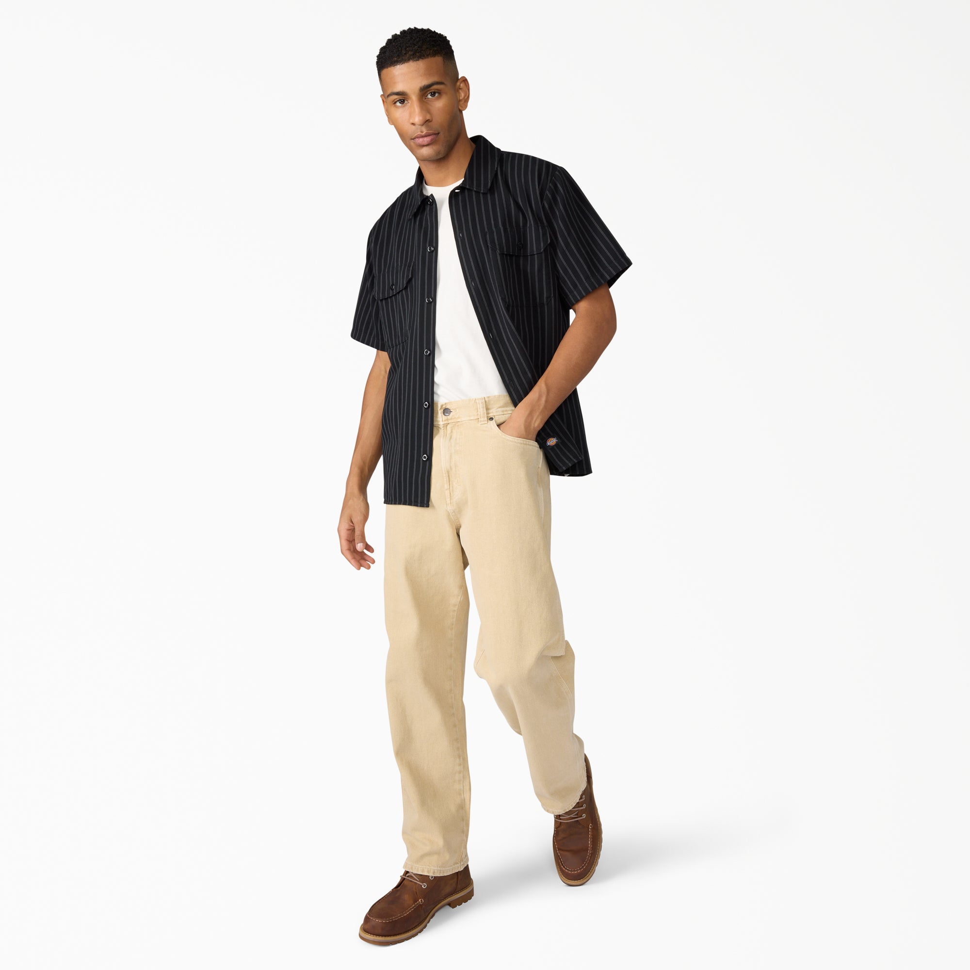 Person wearing Mens Worn in Lightweight Work Shirt S/S Woven Black S/S Woven, Man wearing black pinstriped shirt styled