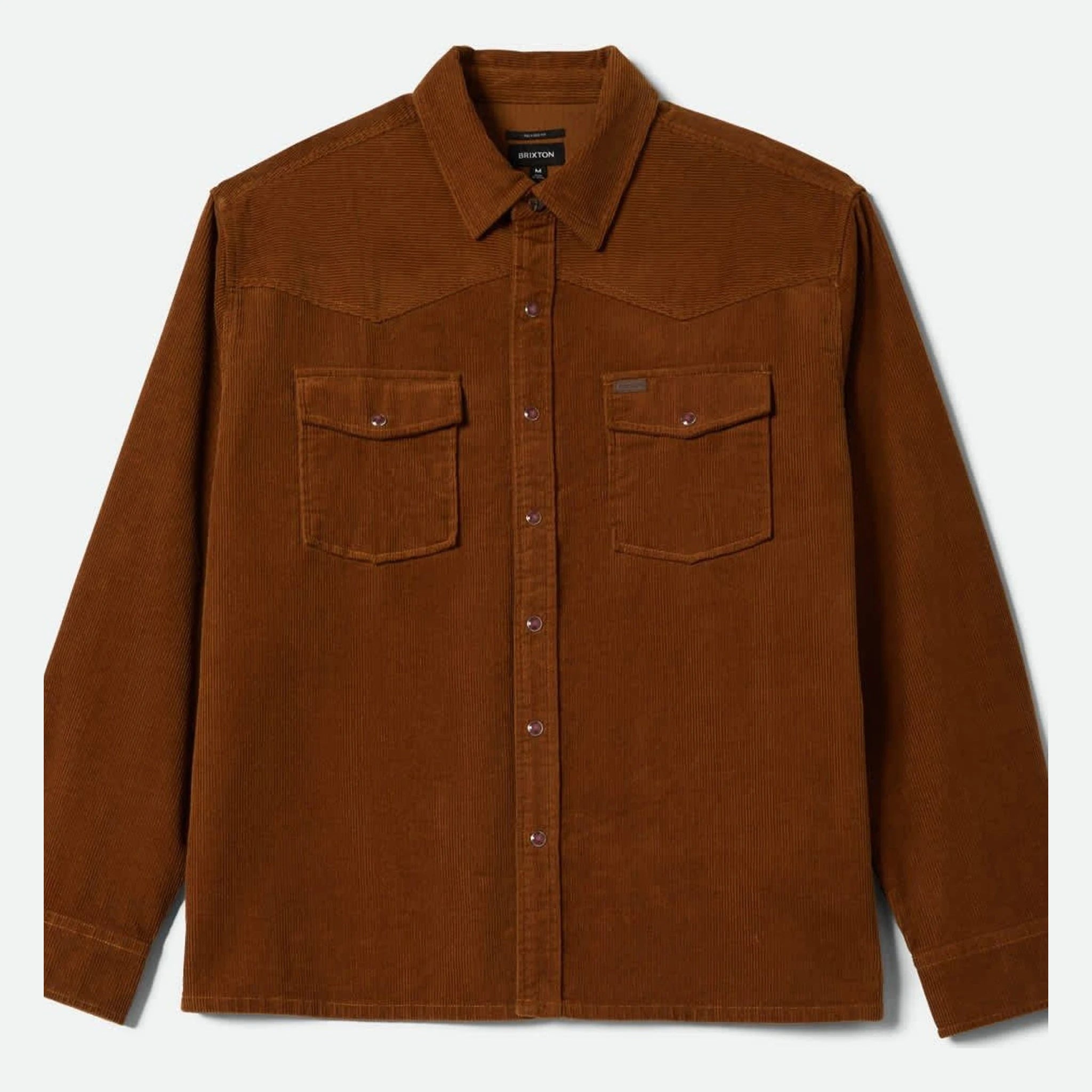 New West Relaxed Overshirt Washed Copper Cord front view, Washed copper corduroy with spread collar, front snap placket, and