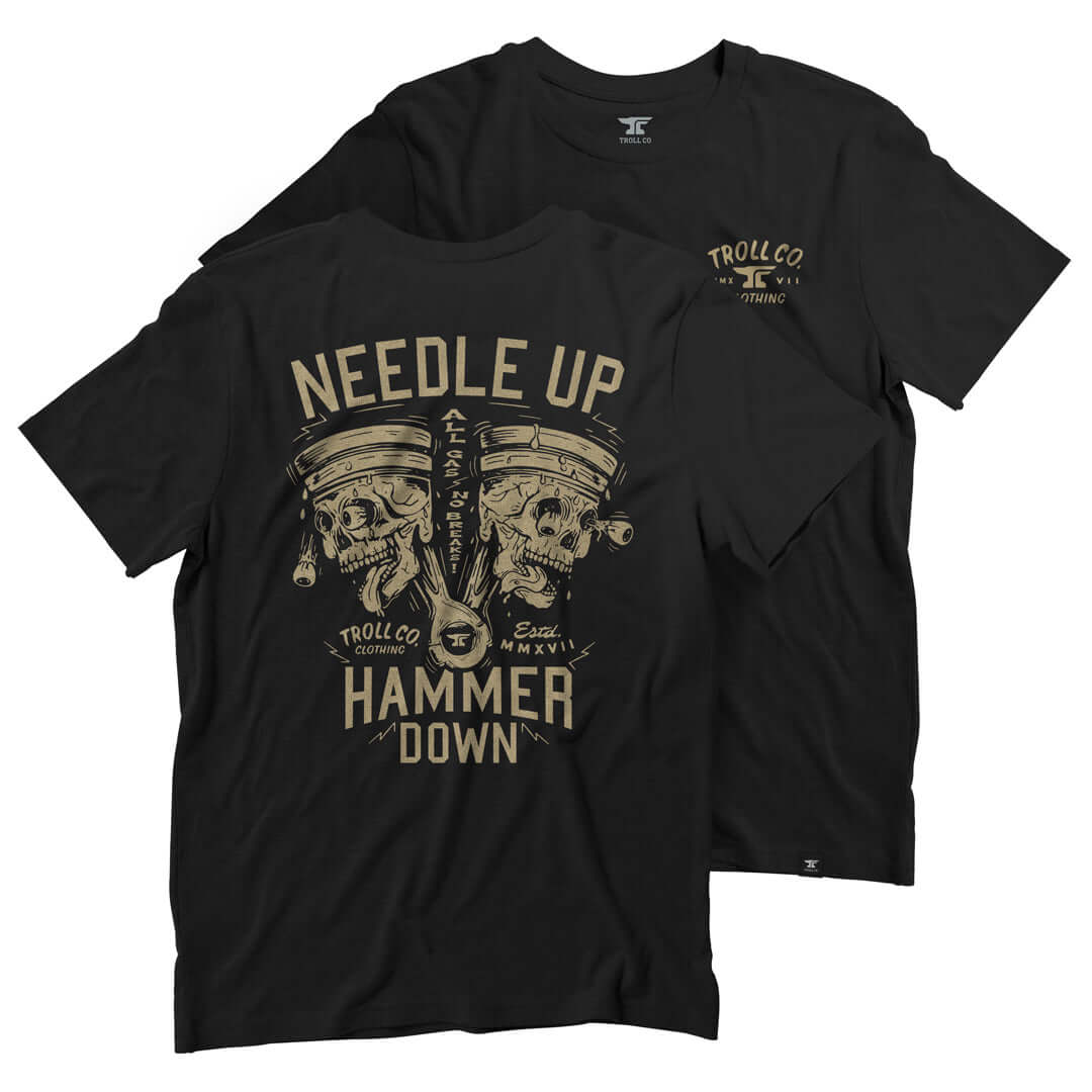 NUHD Hammer Twins front view, Black with tan "Needle Up Hammer Down" text and twin skull graphic wearing headbands, crossed