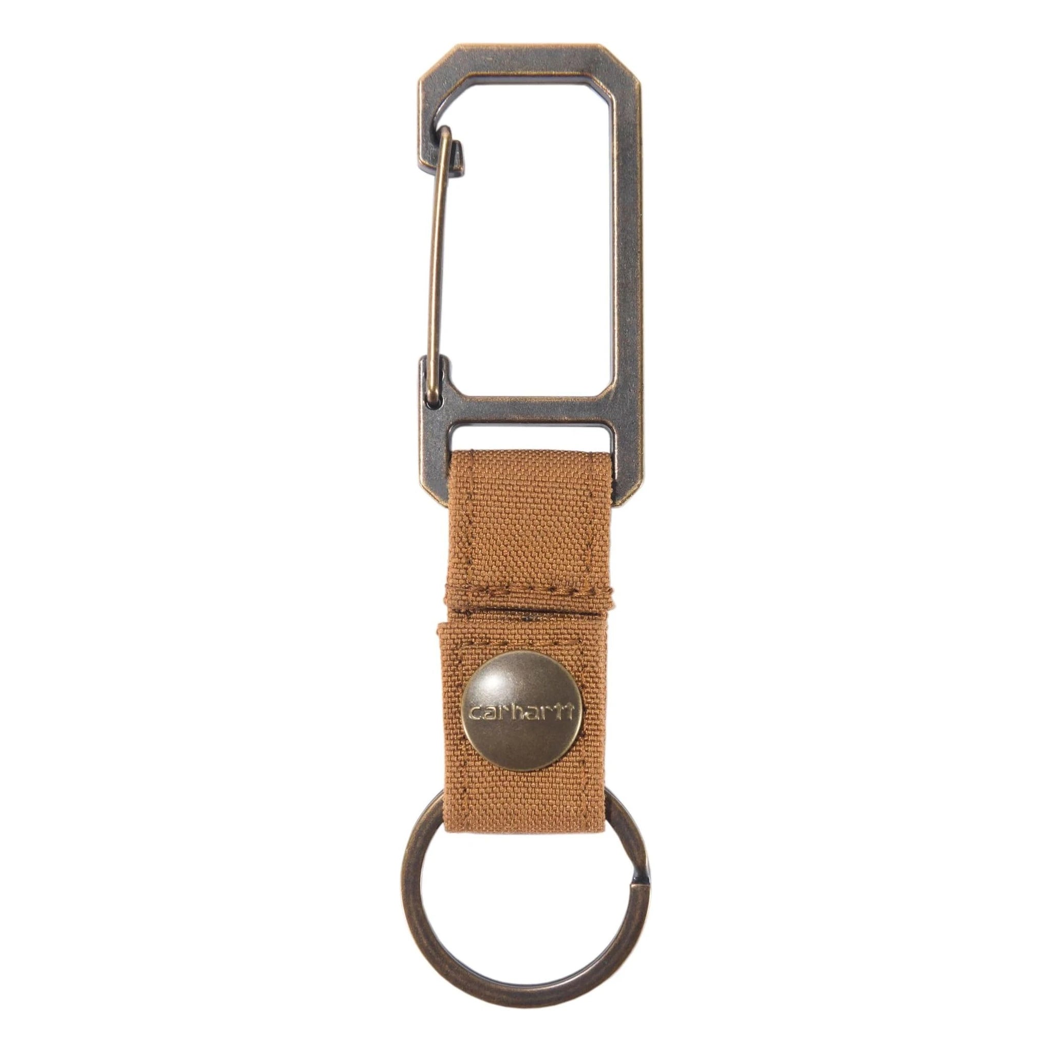 Nylon Duck Key Keeper Accessory front view, Grey metal carabiner with tan canvas strap and embossed circular rivet detail,