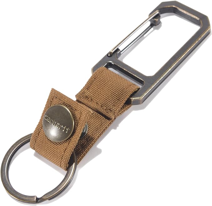 Close-up of Nylon Duck Key Keeper Accessory Grey Accessory showing Grey carabiner with tan canvas webbing strap and metal