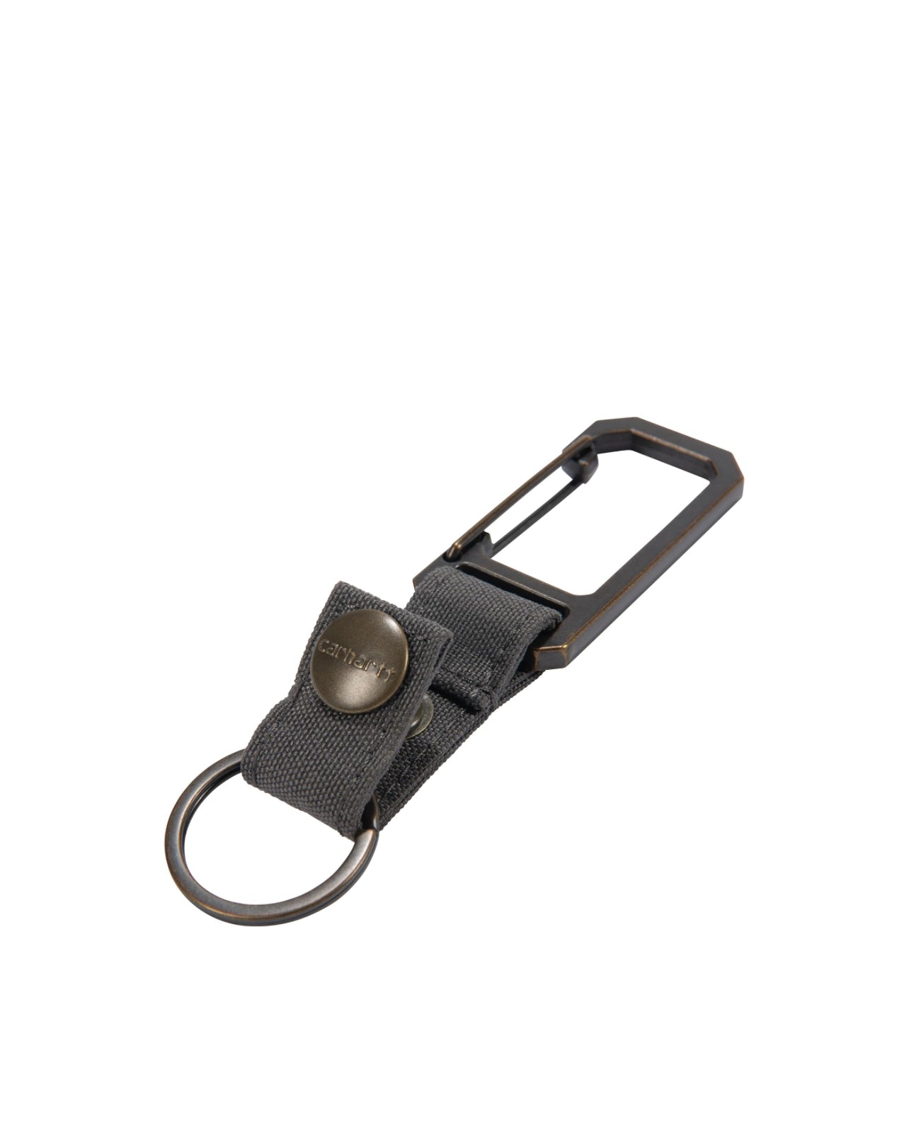 Close-up of Nylon Duck Key Keeper Accessory Grey Accessory showing Grey nylon webbing with brass snap button and dark metal