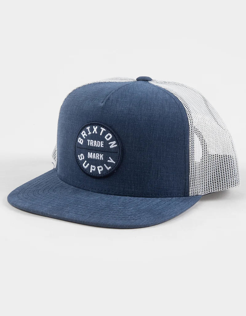 Back of Oath MP Trucker Hat Apparel Blue Chambray/White Apparel, White mesh back panels and rear snapback closure - Slowride