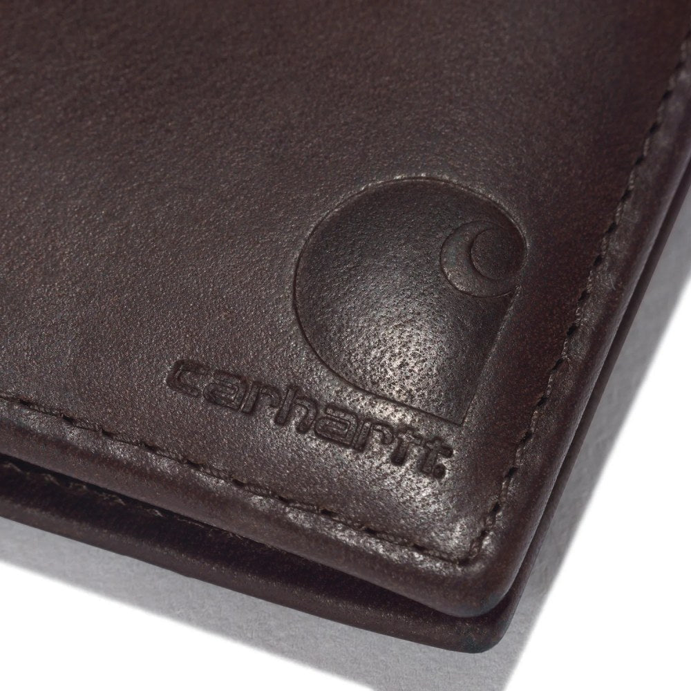 Back of Oil Tan Leather Passcase Wallet Accessory Accessory, Embossed circular logo and text on dark brown leather with
