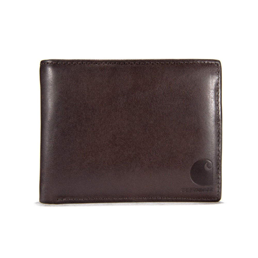 Oil Tan Leather Passcase Wallet Accessory front view, Dark brown leather with embossed logo detail lower right corner,