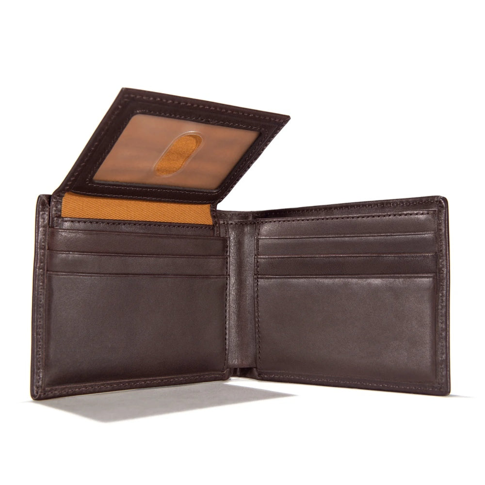 Close-up of Oil Tan Leather Passcase Wallet Accessory Accessory showing Dark brown leather with tan interior, stitched card