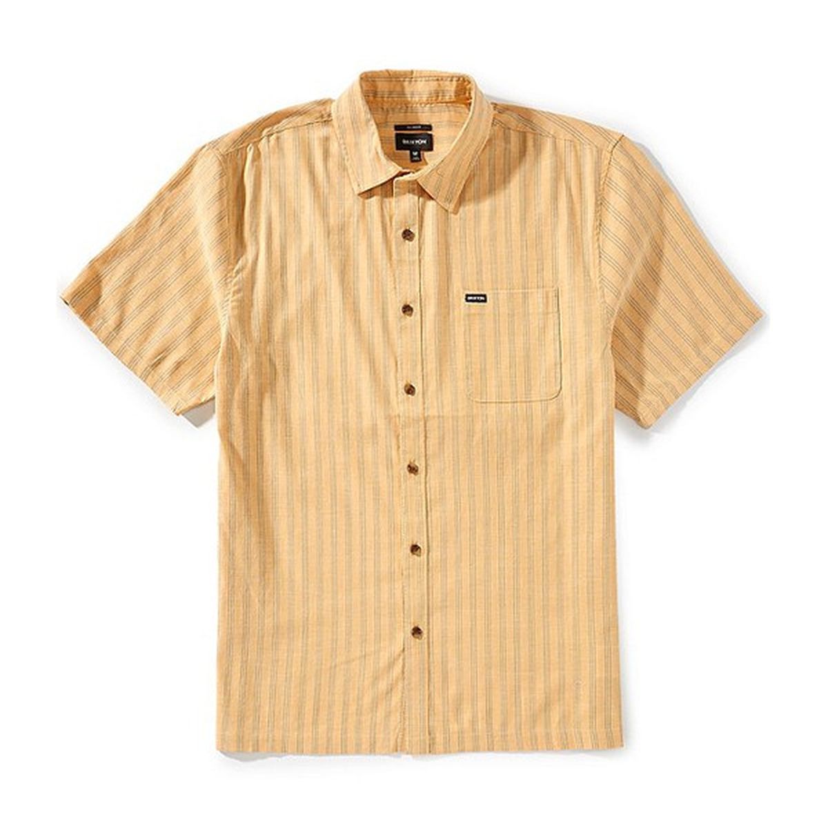 Oxford Stripe SS Woven S/S Woven front view, Tan and cream vertical stripe short-sleeve button-up shirt with brown buttons