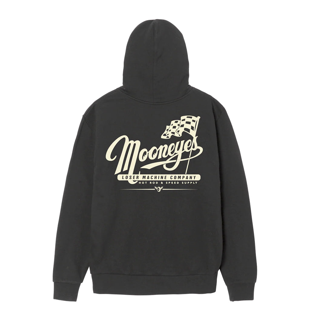 Partnership front view, Faded black with cream script text and checkered flag graphic, "Loser Machine Company Hot Rod &