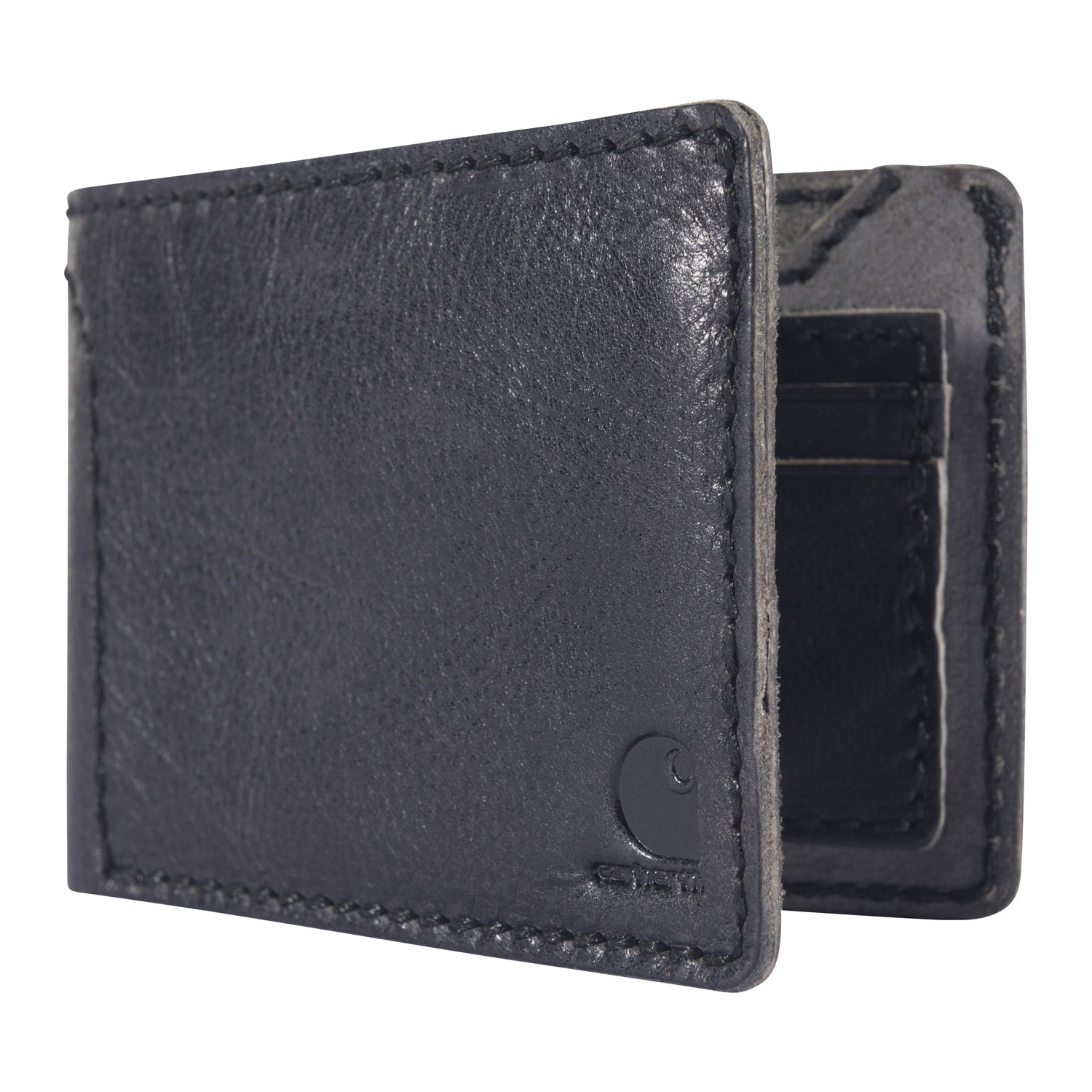 Back of Patina Leather Bifold Wallet Accessory Black Accessory, Black leather back with debossed circular logo detail and