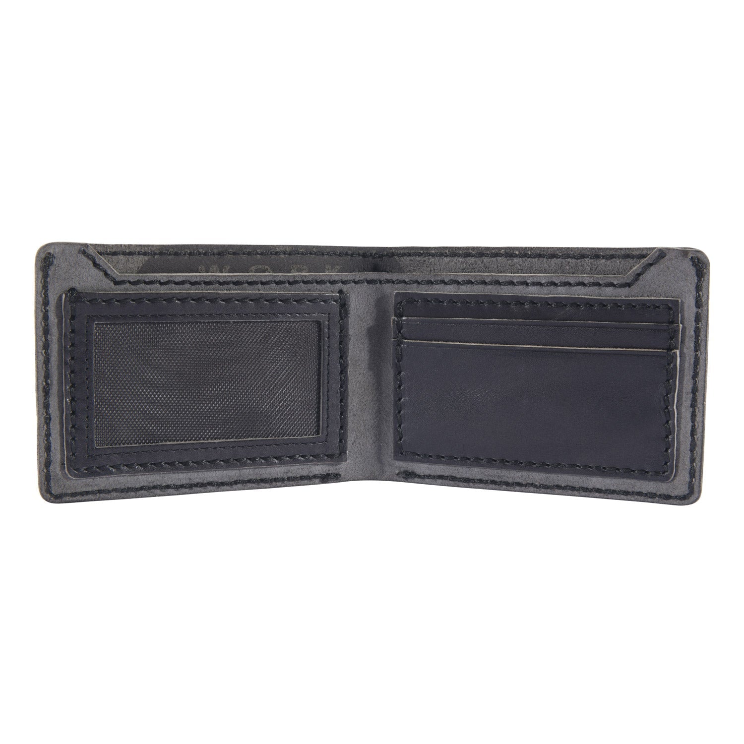 Close-up of Patina Leather Bifold Wallet Accessory Black Accessory showing Charcoal leather bifold wallet opened flat,