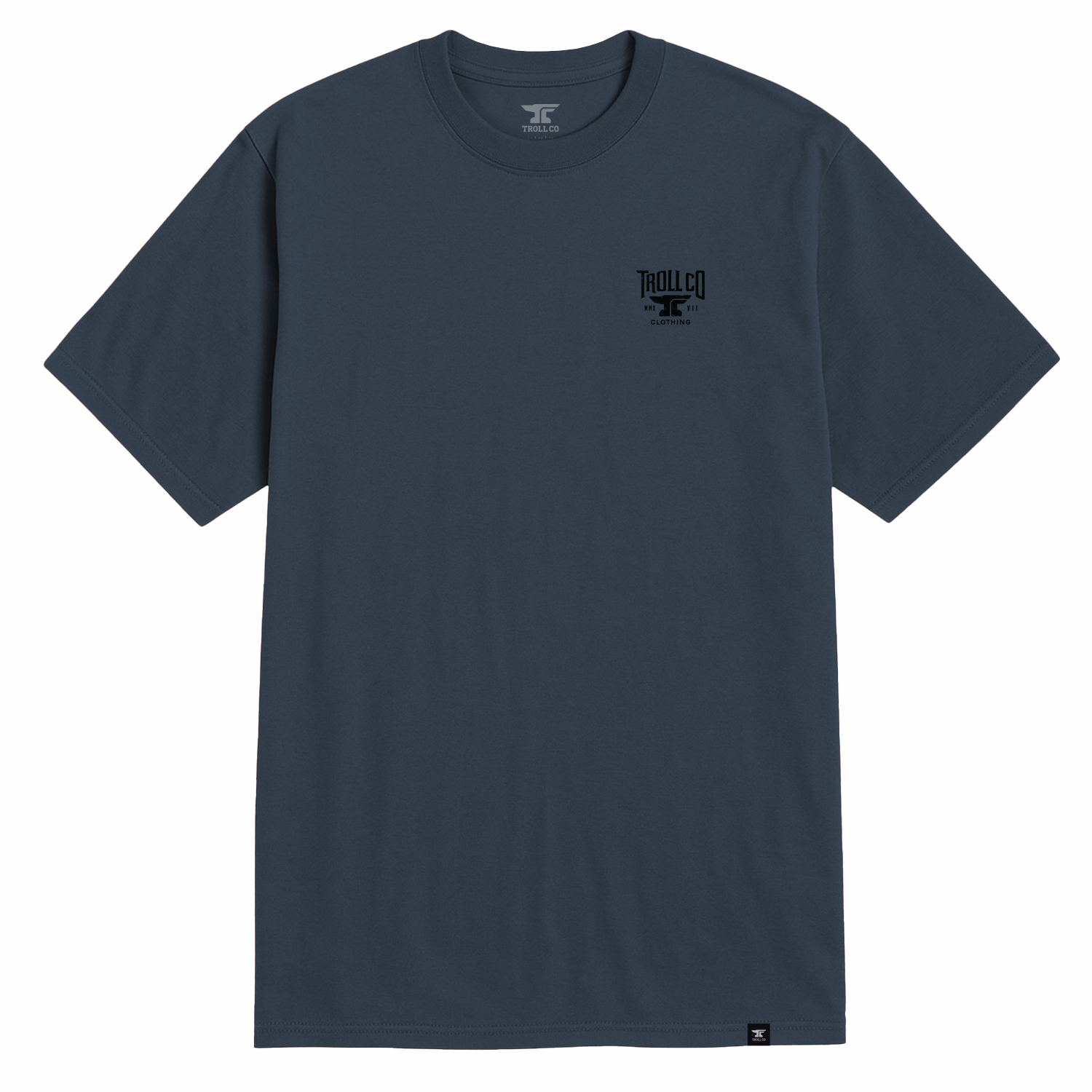 Close-up of Pay Me Military Tee showing Charcoal tee with small black logo and text on chest, crew neckline, short sleeves -