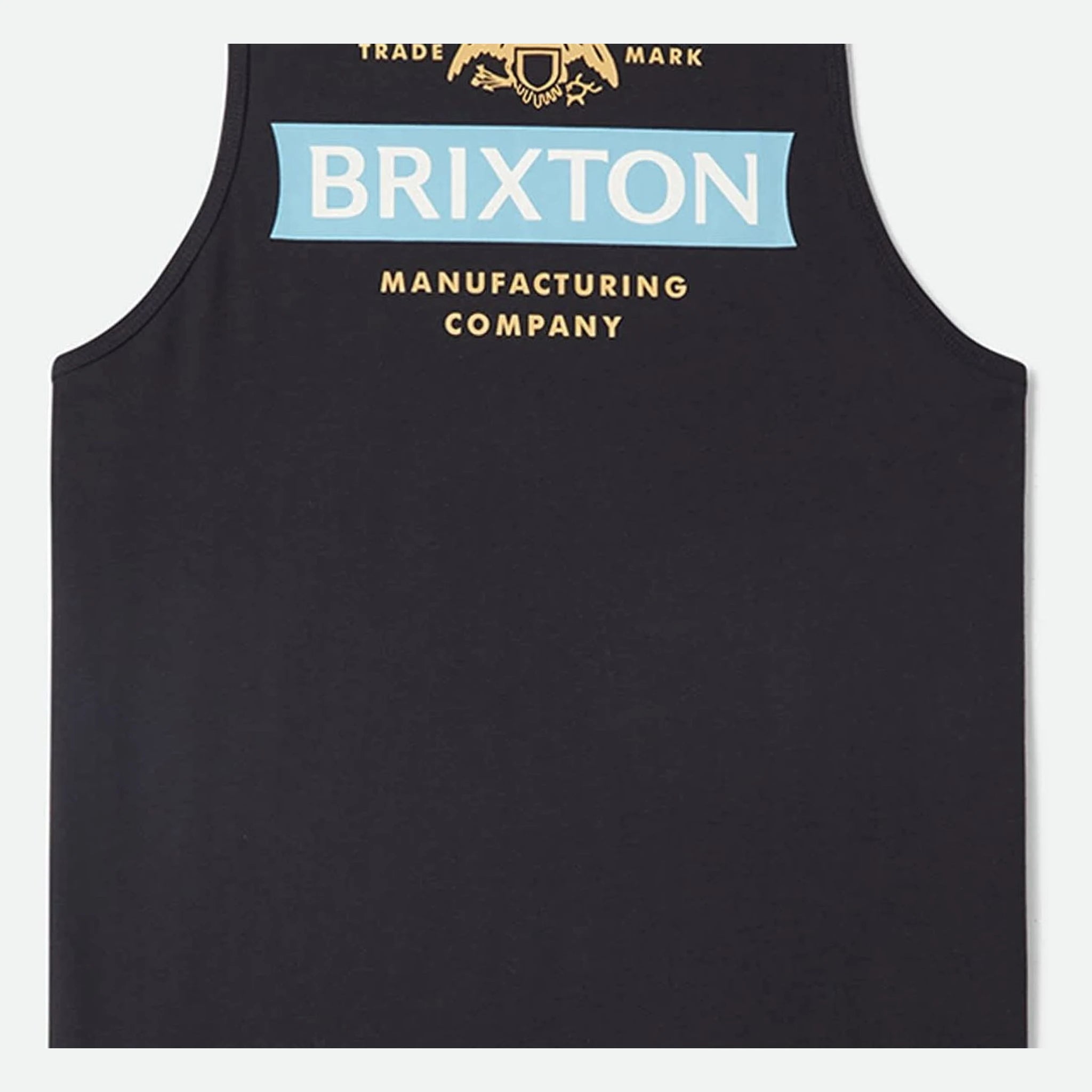 Back of Pinnacle Tank Top Apparel Black Apparel, Black with light blue banner, white text, gold crest and gold manufacturing