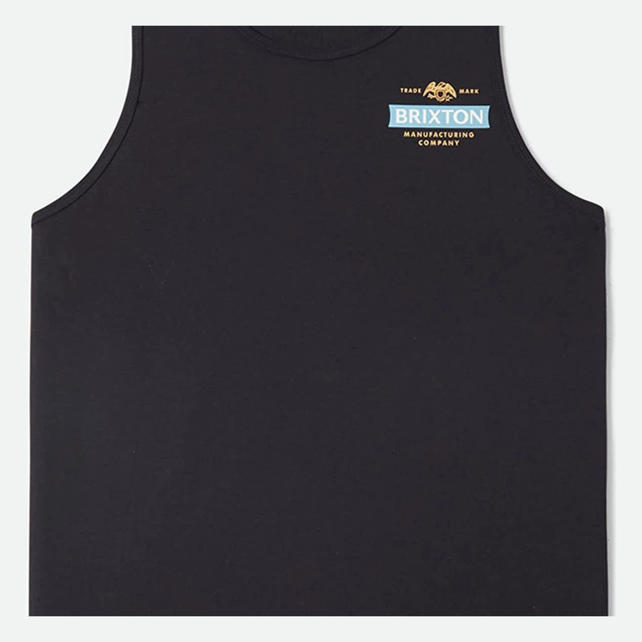 Pinnacle Tank Top Apparel front view, Black with gold eagle trade mark, light blue Brixton banner, and gold manufacturing