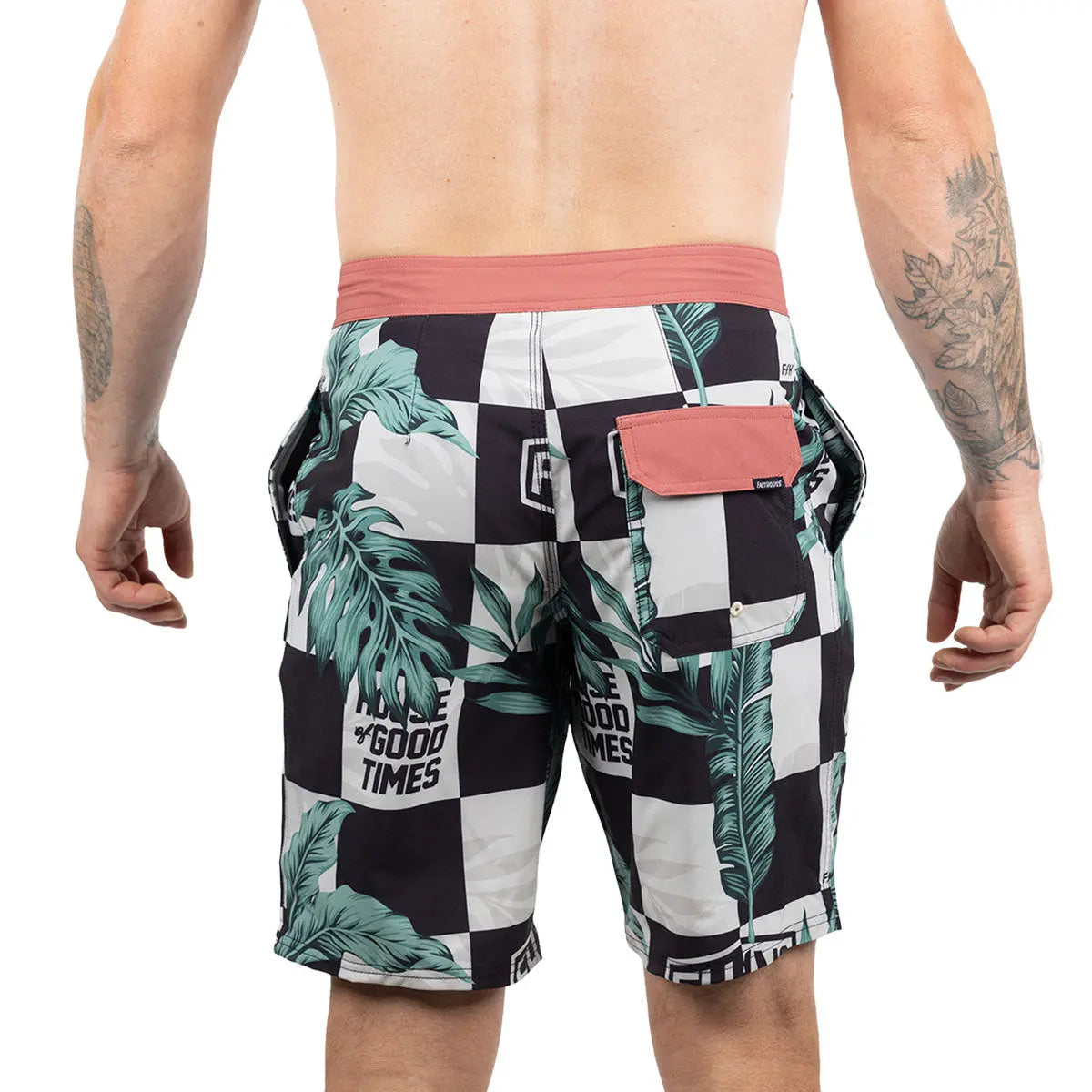 Person wearing Poolside 19" Boardshort Apparel Black/Off White Apparel, Man standing shirtless against white background,