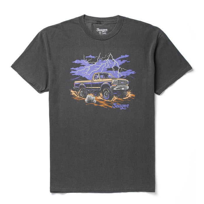 Premium Mud Romp front view, Charcoal with lifted truck, purple lightning bolts, orange desert brush, and script text,