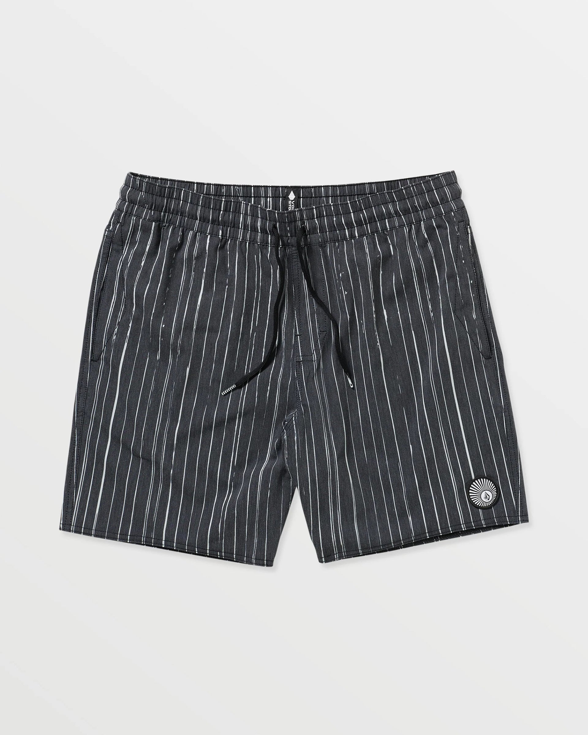 Psyche Cotton Trunk 17" Apparel front view, Black with thin white vertical pinstripes, drawstring waist, small circular