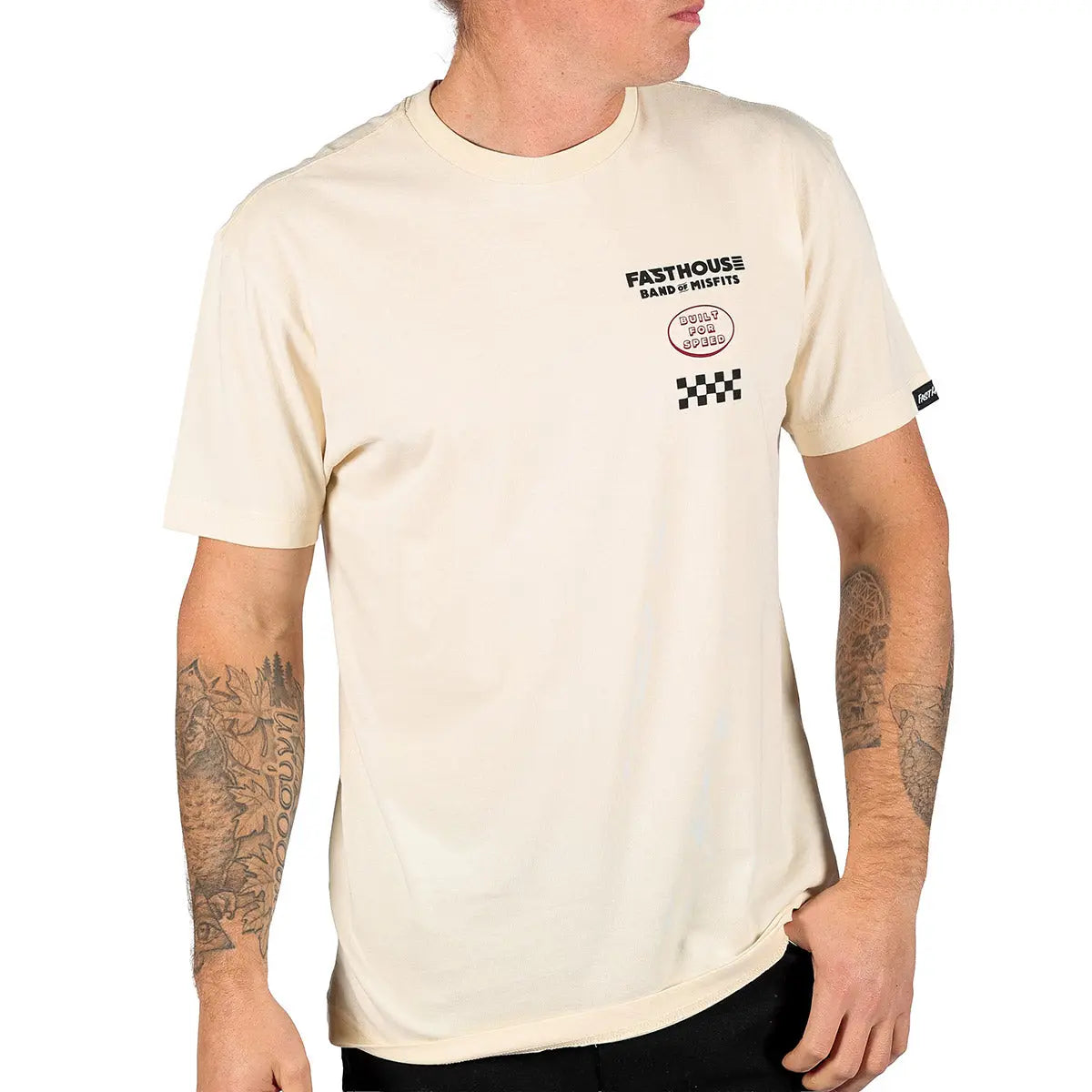 Person wearing Pursuit Natural Tee, Man wearing natural tee against plain white background studio setting - Slowride Supply